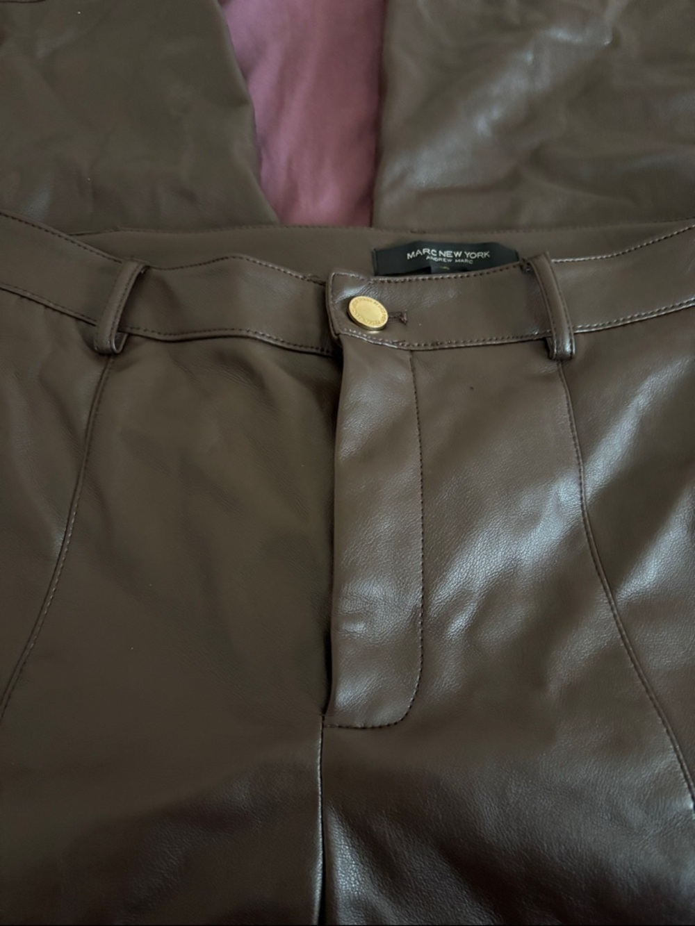 Marc New York Dark Brown Faux Leather Trousers with Gold Button